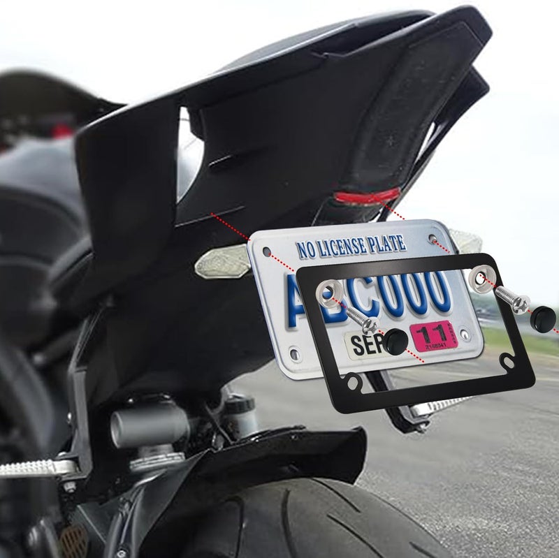 FBJTDQ Motorcycle License Plate Frame- Black Matte Stainless Steel Bike Tag Plate Holder, 4 Holes Heavy-Duty Metal Bracket 1 Pack, with Mounting Hardware Screws Nuts Caps - Image 5
